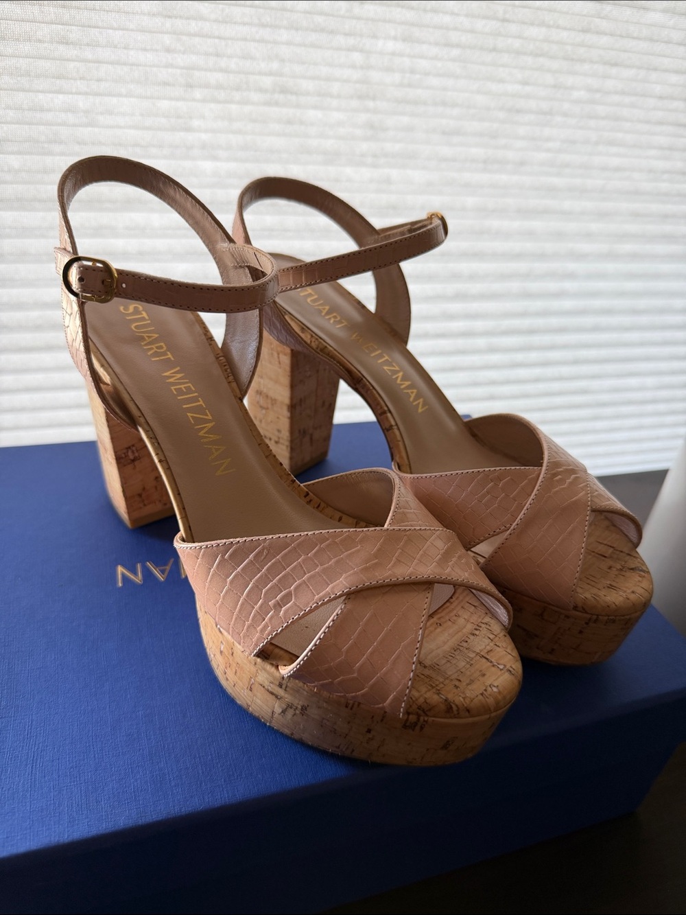Stuart Weitzman Nude Blush Leather Cork Platform Sandals